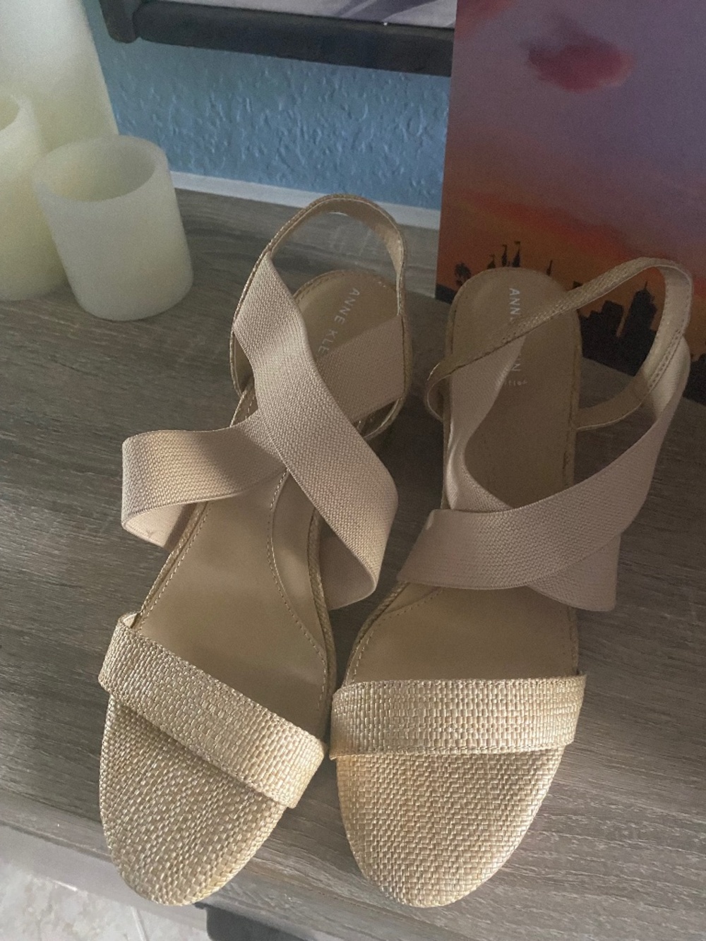 Anne Klein Womens Ressa Beige Tan Natural Woven Block Heel Sandals Shoes 10M